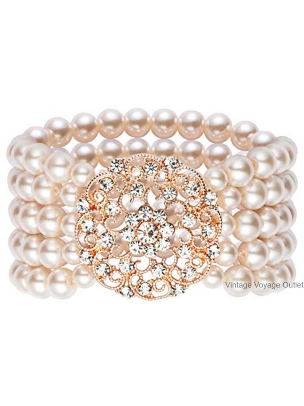 Faux Pearl Crystal Bracelet 5 Row Stretch Flapper Gatsby Vintage